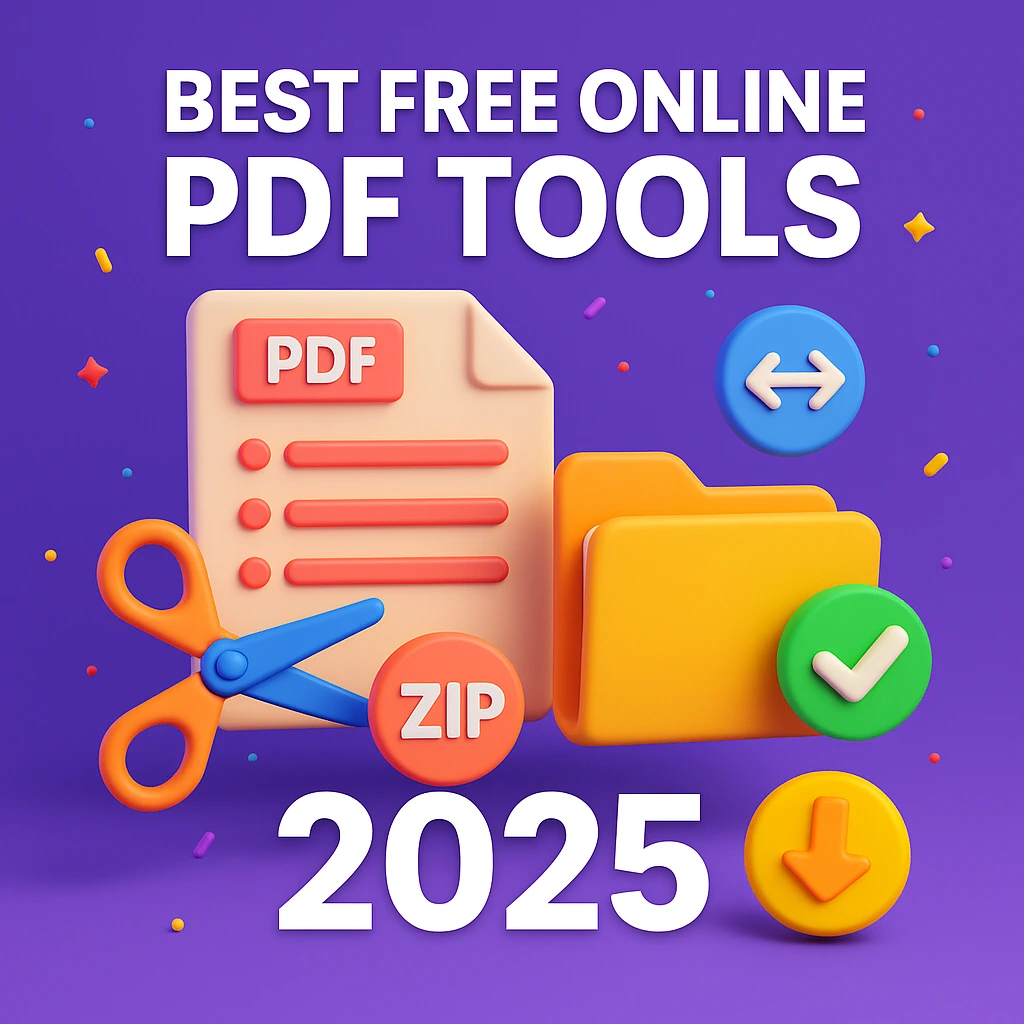 3D illustration of colorful PDF icons, folders, scissors, and zip symbols on a vibrant purple background promoting best free online PDF tools for 2025.