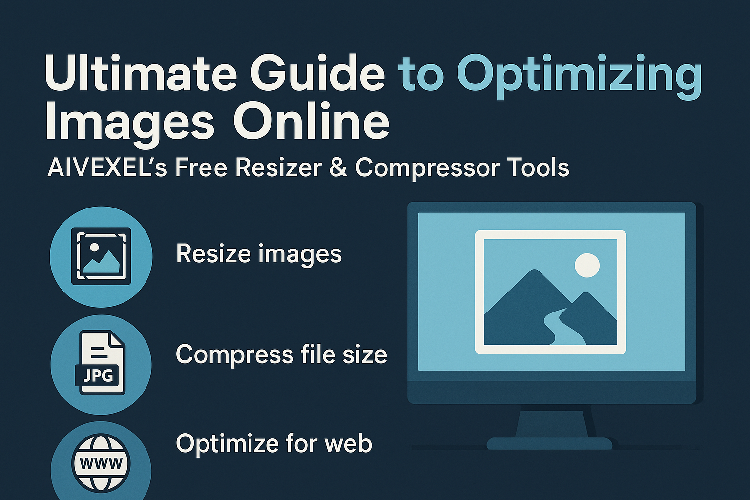 Infographic titled “Ultimate Guide to Optimizing Images Online” featuring AIVEXEL’s Free Resizer & Compressor Tools, with clean blue icons representing resizing, compression, and web optimization beside a computer screen illustration.