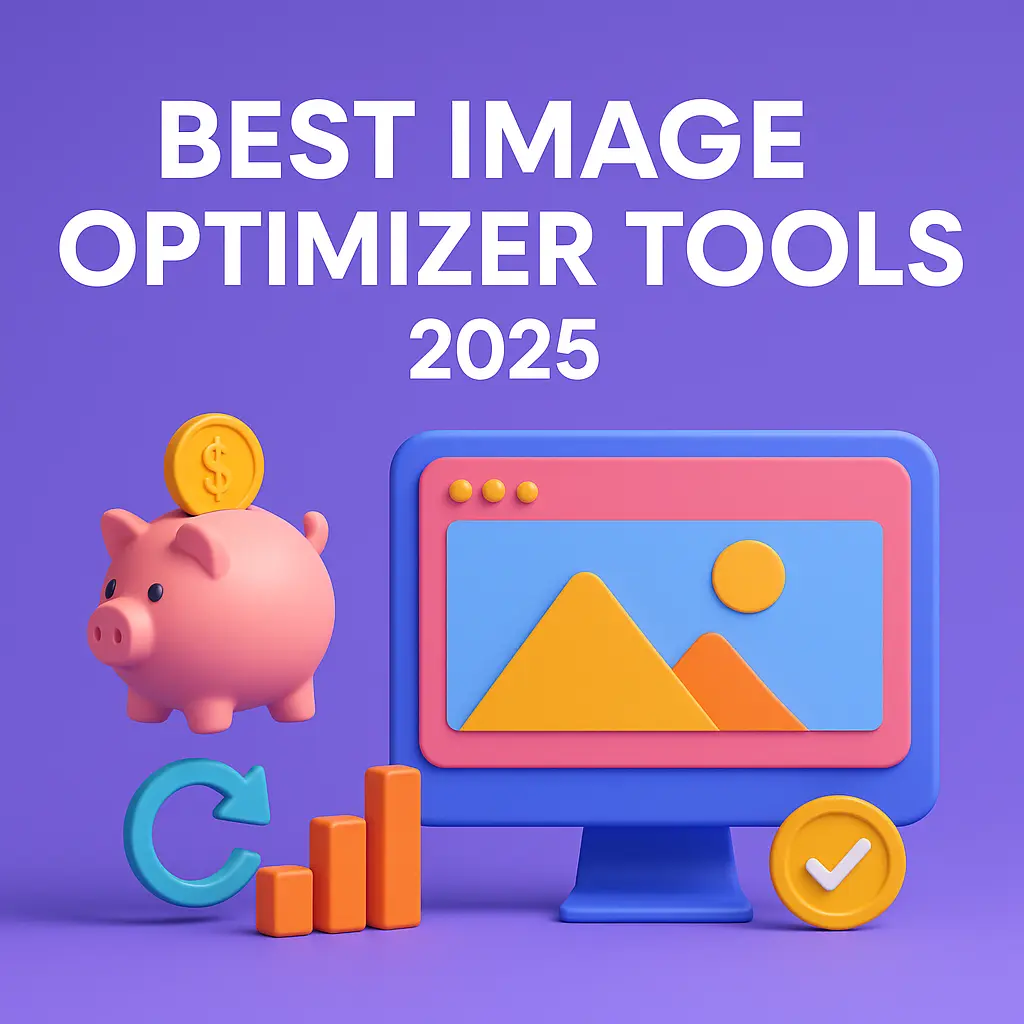 3D illustration with colorful computer monitor, chart, piggy bank, and the text ‘Best Image Optimizer Tools 2025’ on a purple background, representing modern image compression tools for faster websites.