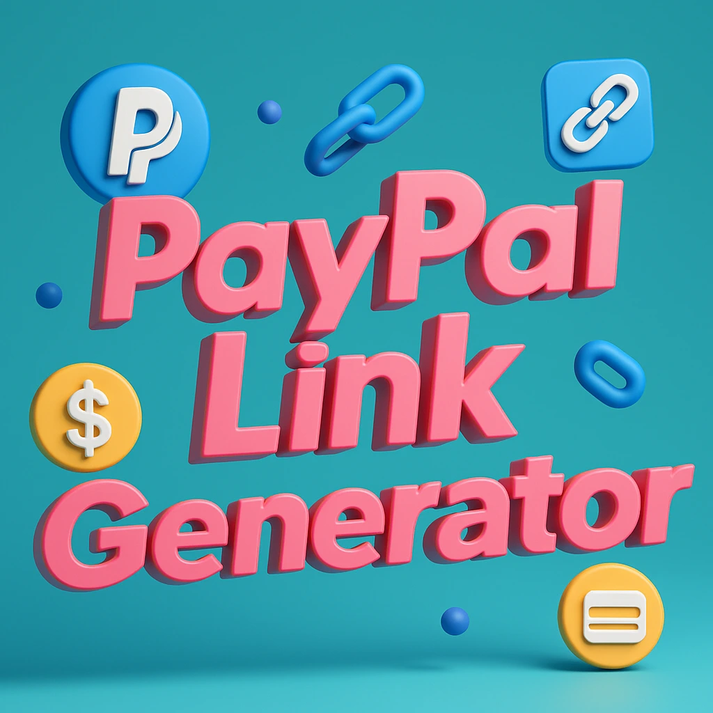 3D digital design with bright pink ‘PayPal Link Generator’ text on a turquoise gradient background, featuring 3D icons of PayPal logos, chain links, dollar signs, and credit cards.