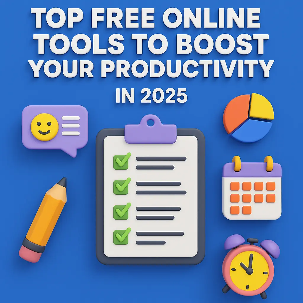 3D illustration with a checklist, pencil, chat bubble, calendar, pie chart, and alarm clock on a blue background with text reading “Top Free Online Tools to Boost Your Productivity in 2025.”