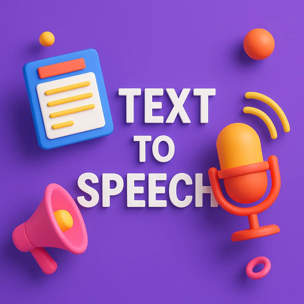 3D illustration with the words ‘TEXT TO SPEECH’ in bold white letters on a vibrant purple background, featuring colorful 3D icons of a microphone, document, and megaphone in orange, pink, and yellow for a modern, eye-catching design.