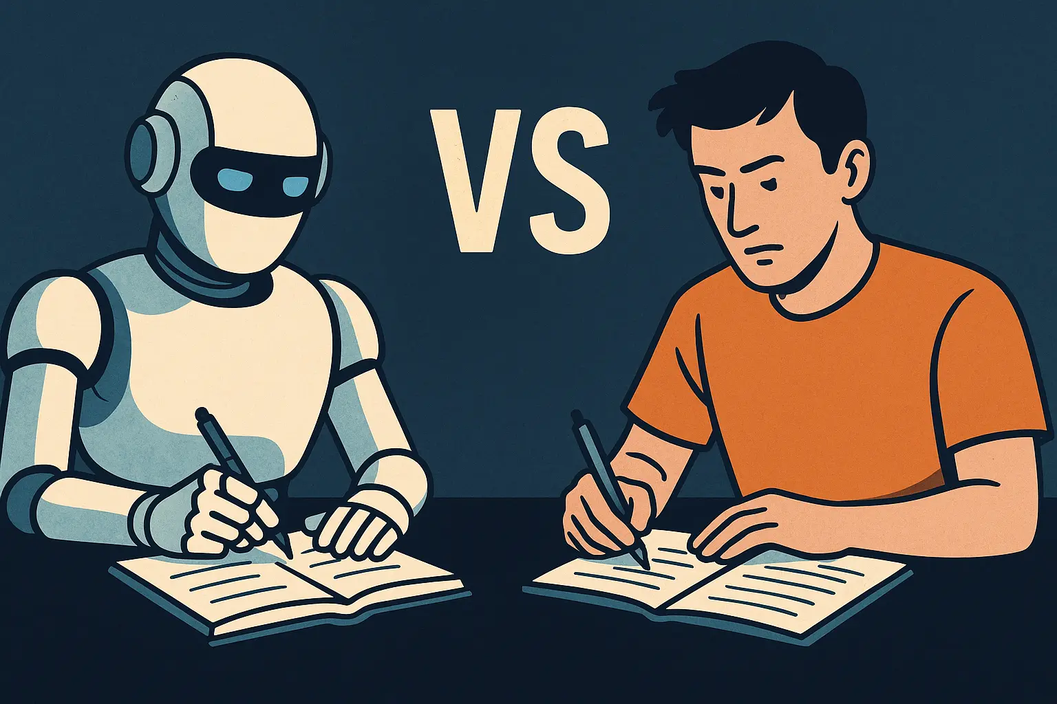 A digital illustration comparing a humanoid robot and a human writer sitting at desks, both typing on keyboards. The robot represents AI-generated writing, while the human symbolizes authentic content creation. A glowing divide between them highlights the